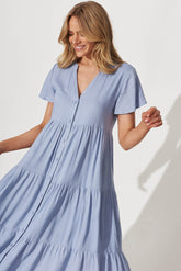 Sky Blue Linen Blend Midi Shirt Dress by Marvela